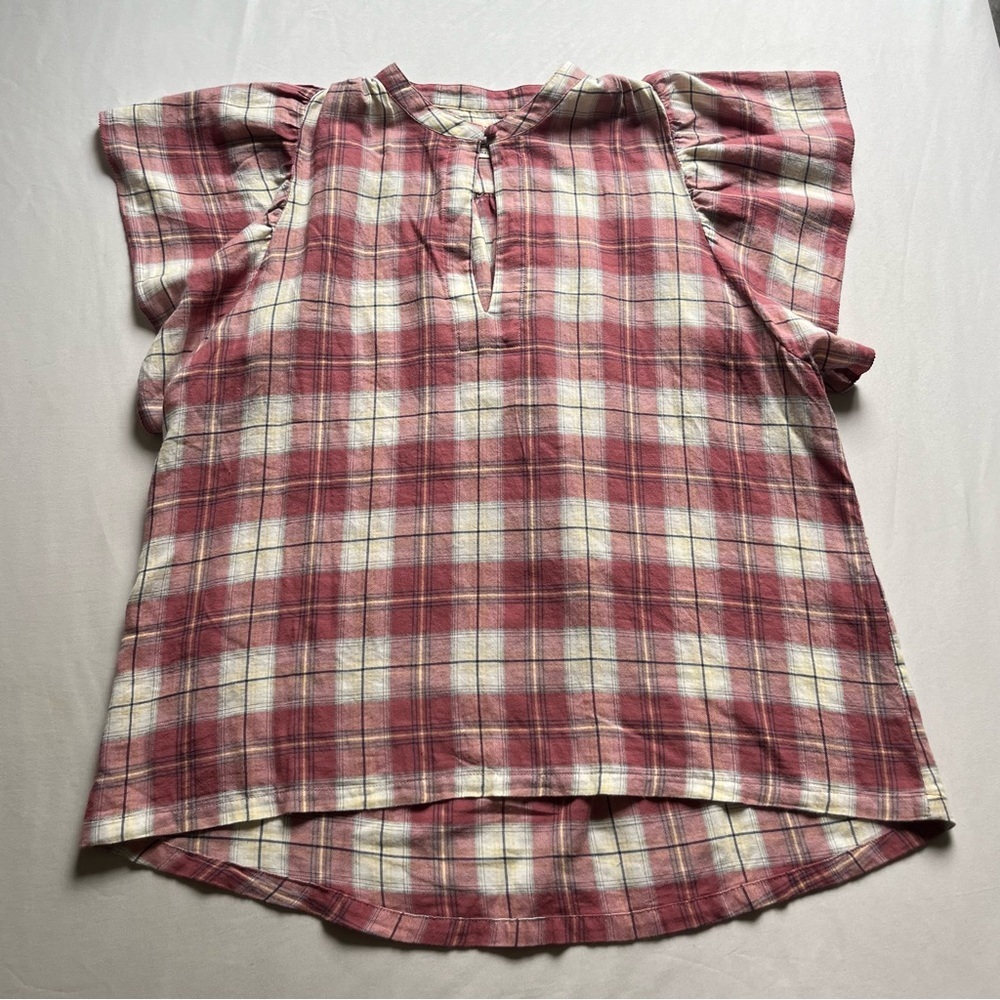 BIRDS OF PARADIS BY TROVATA pink white plaid ruffle sleeve button‎ up shirt